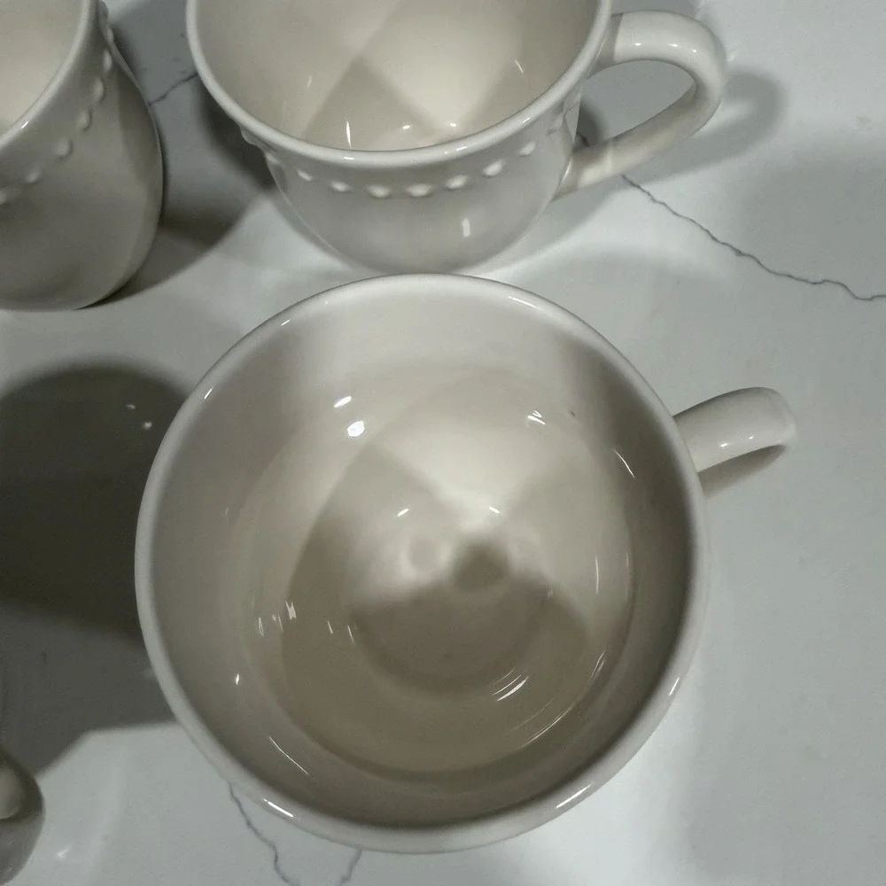 4 Pottery Barn Emma White Beaded Stoneware Mugs Cups Coffee Tea 4